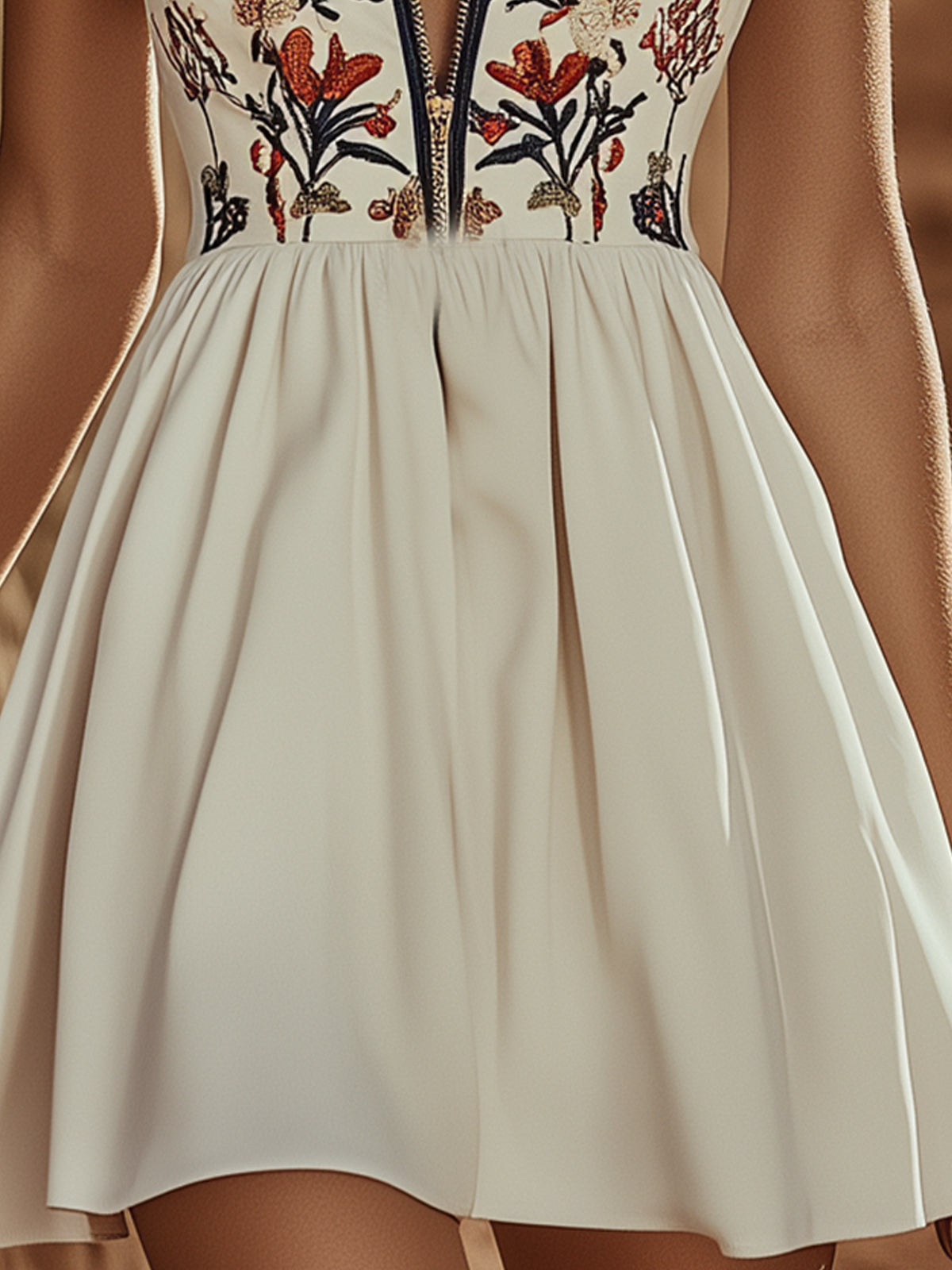 Deep V-Neck Floral Embroidered Dress