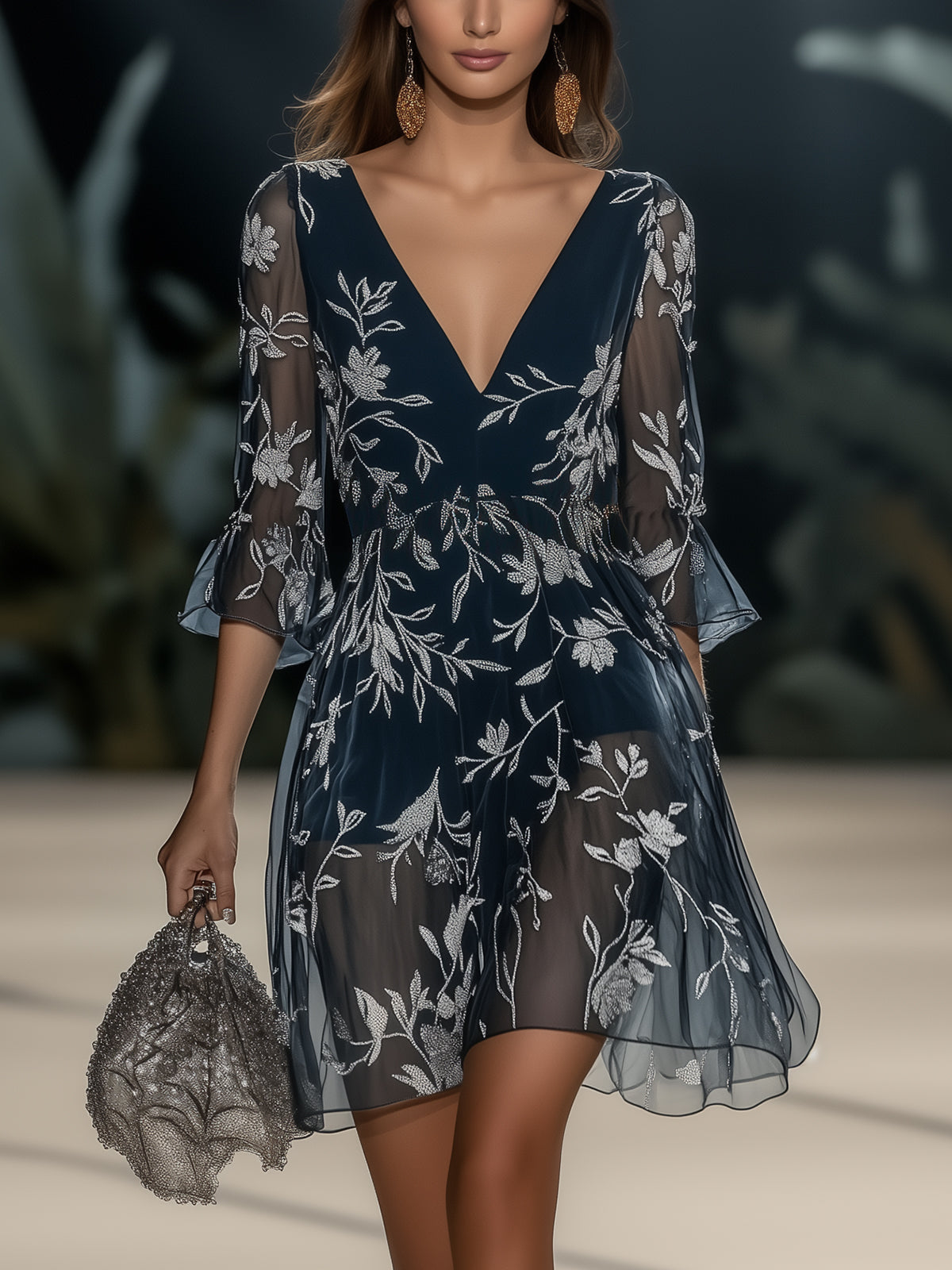 Silver Botanical Floral Print Chiffon Dress