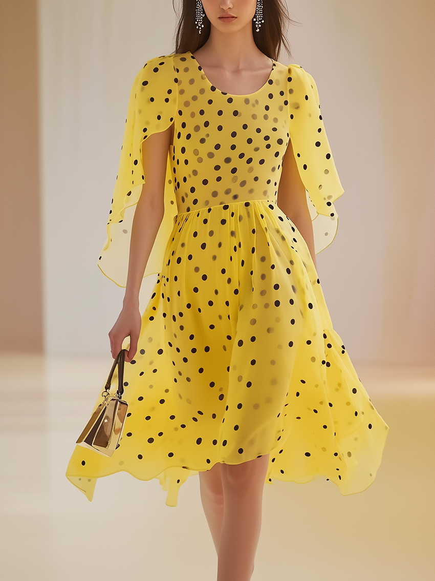 Yellow Chiffon Midi Dress With Polka Dot Print And Cape