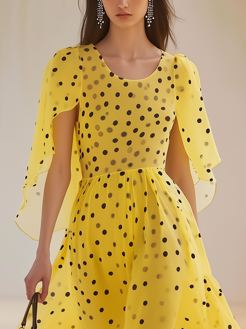 Yellow Chiffon Midi Dress With Polka Dot Print And Cape