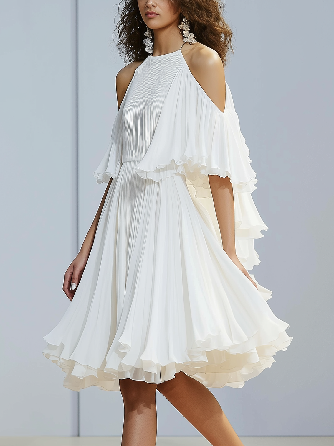 Cold Shoulder White Chiffon Midi Dress With Cape Fashion Design