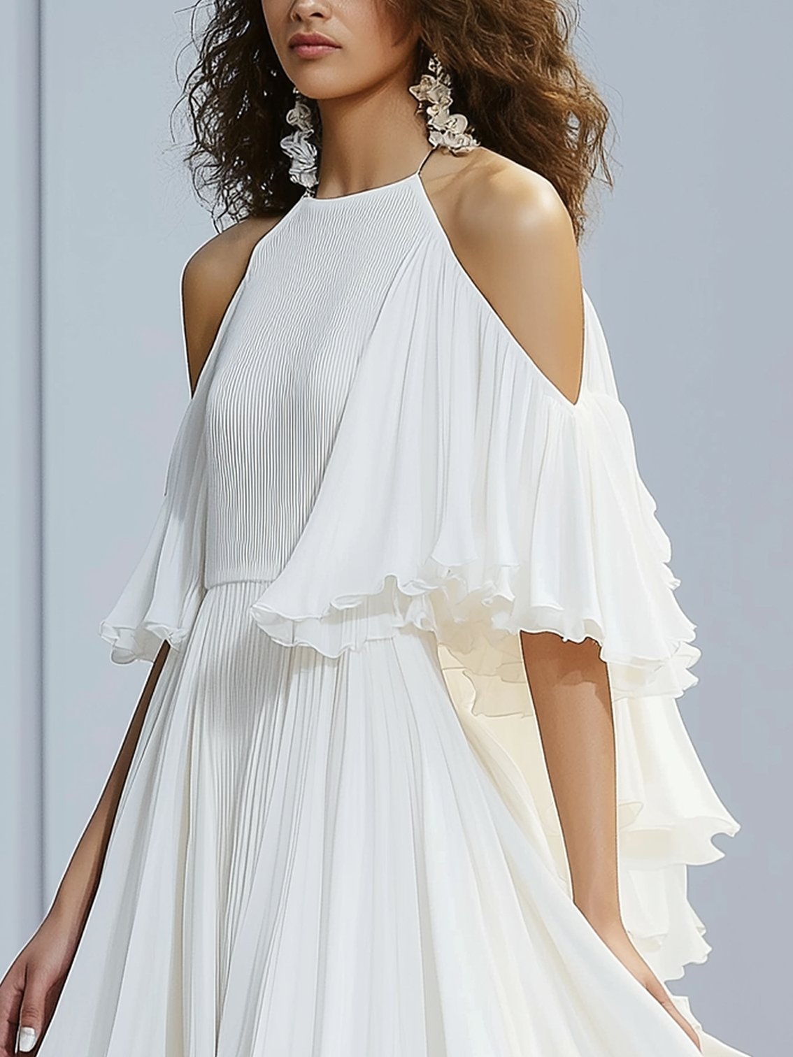 Cold Shoulder White Chiffon Midi Dress With Cape Fashion Design
