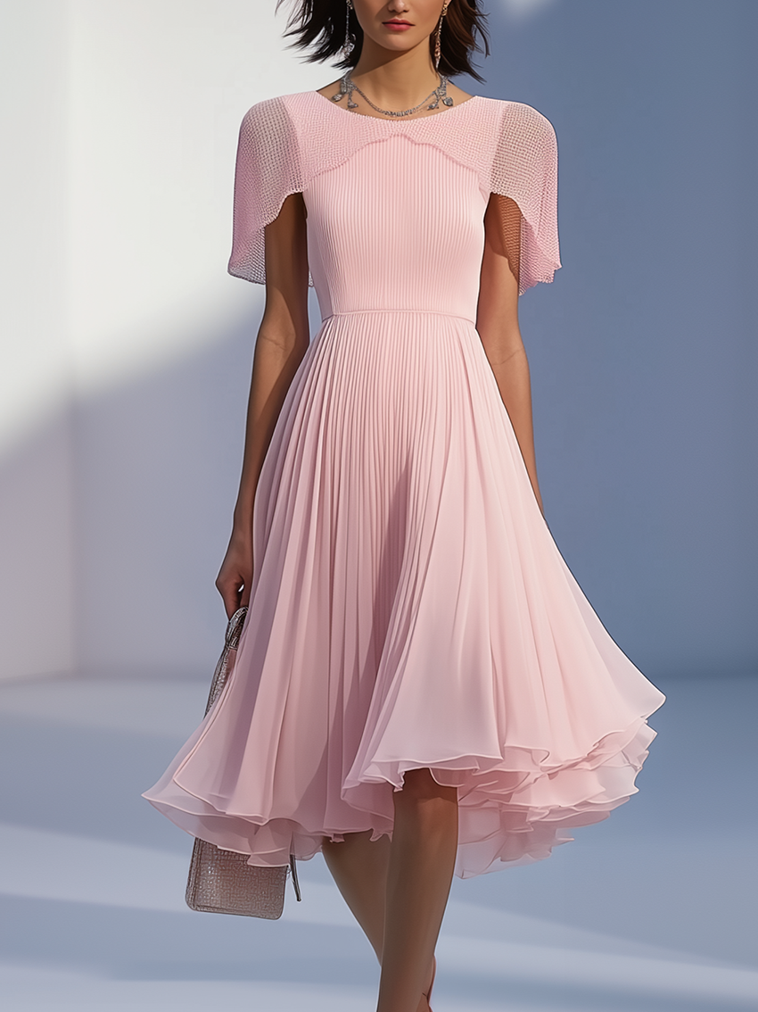 Pink Chiffon Elegant Midi Dress With Mesh Cape