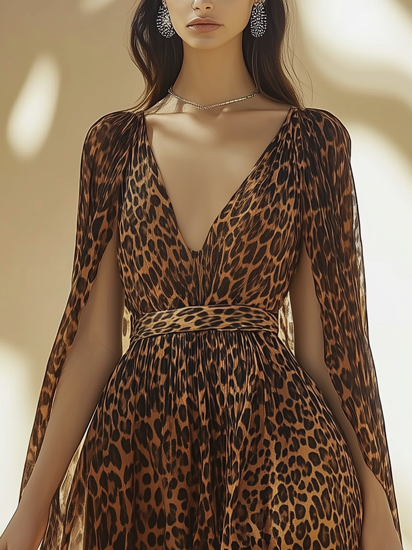 Leopard Print Chiffon Mini Dress With Stylish Cape
