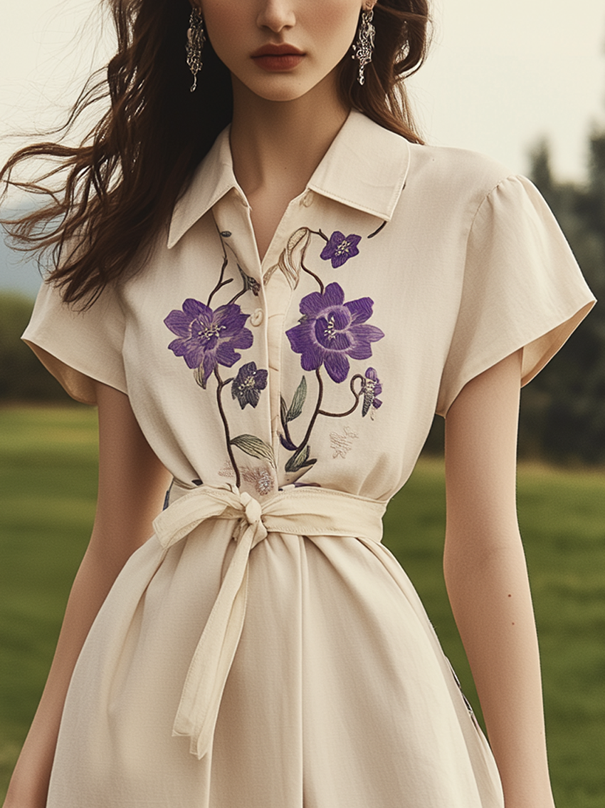 Linen Mini Shirt Dress With Purple Flower Embroidery