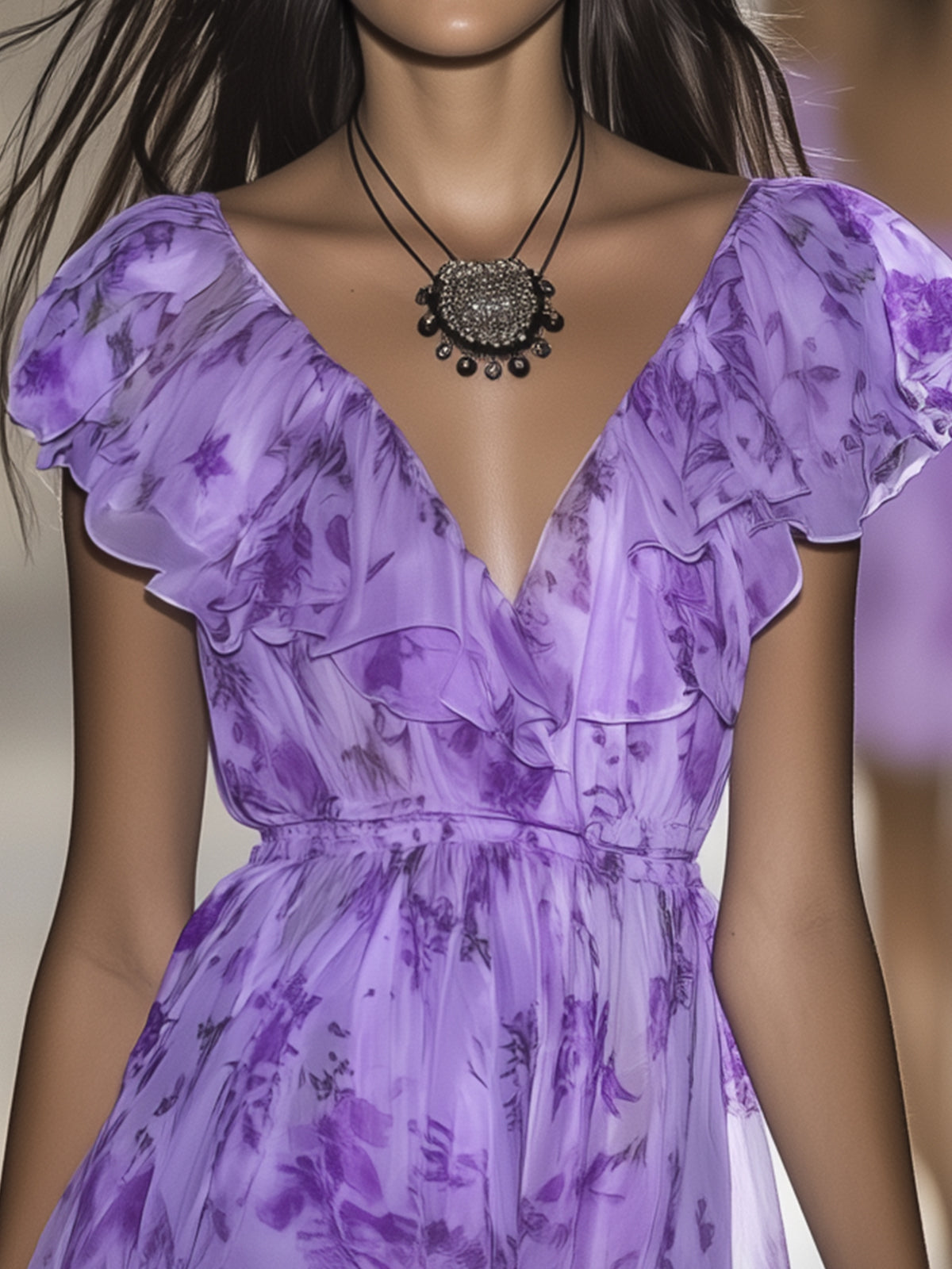 Romantic Purple Floral Print Chiffon Mini Dress