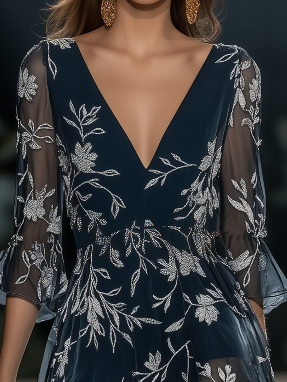 Silver Botanical Floral Print Chiffon Dress