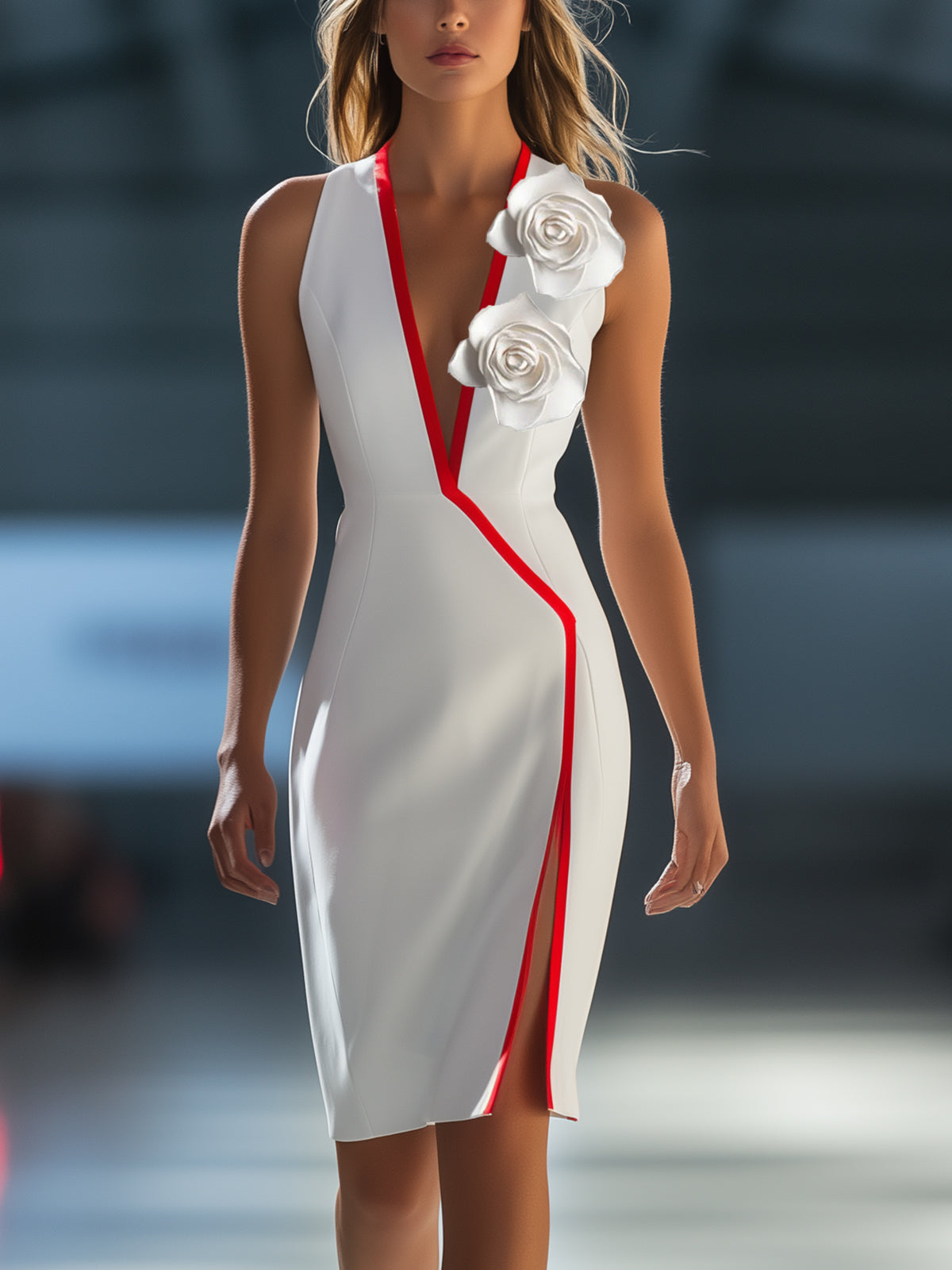 V-Neck 3D Floral Split Hem Bodycon Dress