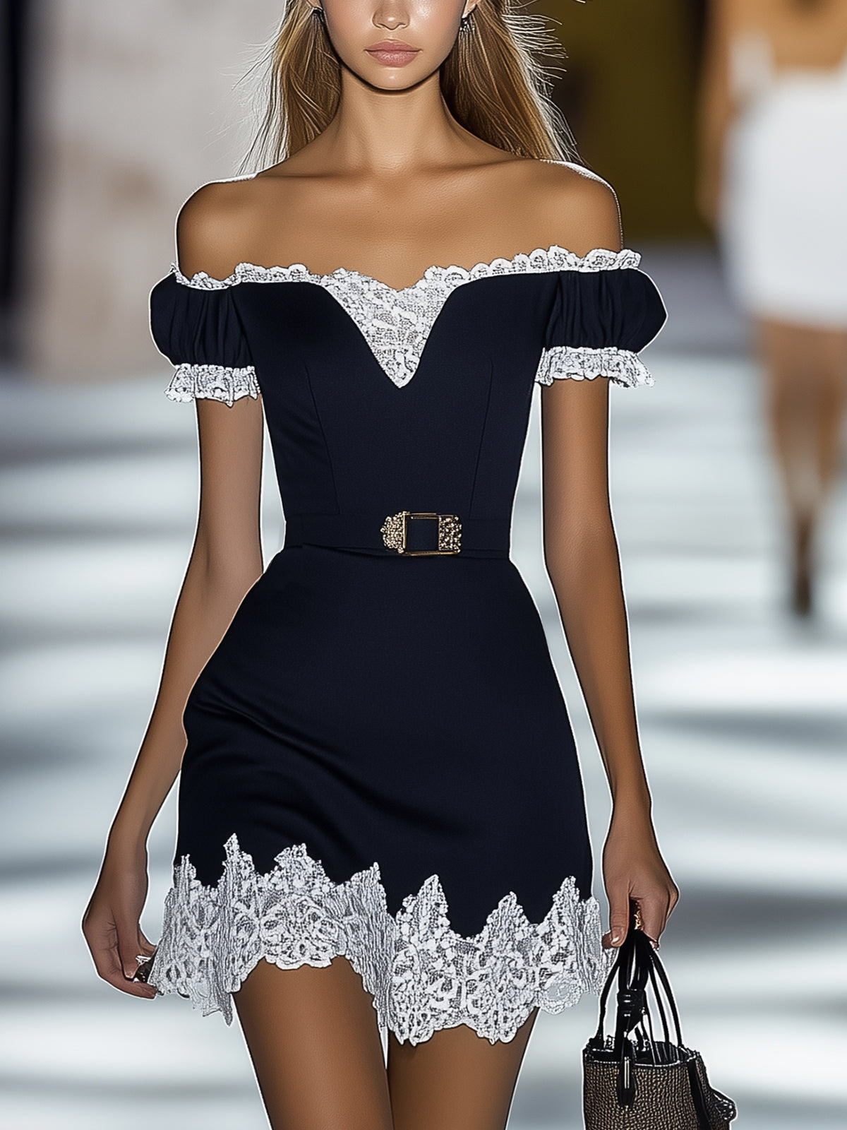 Off Shoulder Lace Patchwork Bodycon Dress with Belt