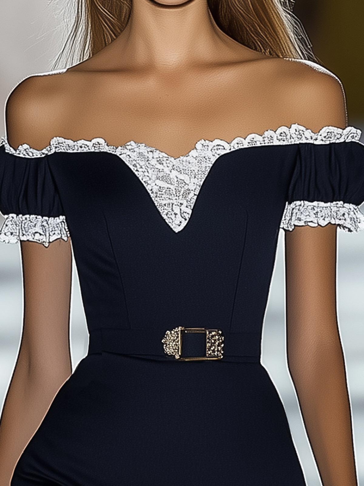 Off Shoulder Lace Patchwork Bodycon Dress with Belt