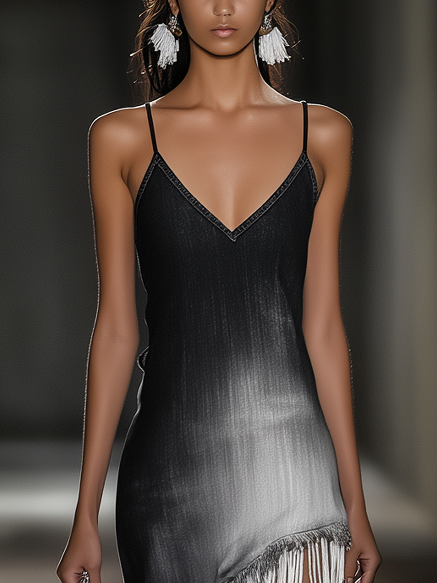 Sleeveless Black Midi Bodycon Suspender Dress With Tassels