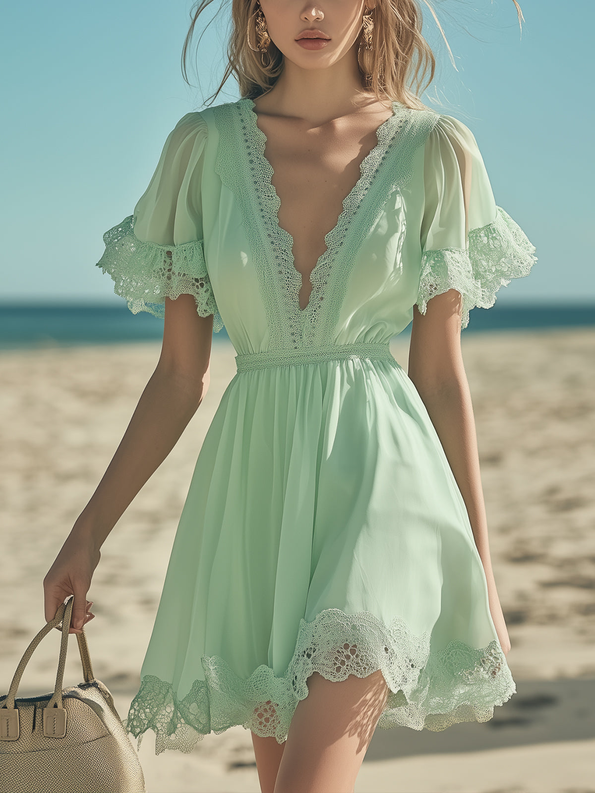 Lightweight Lace Patchwork V-Neck Chiffon Mini Dress