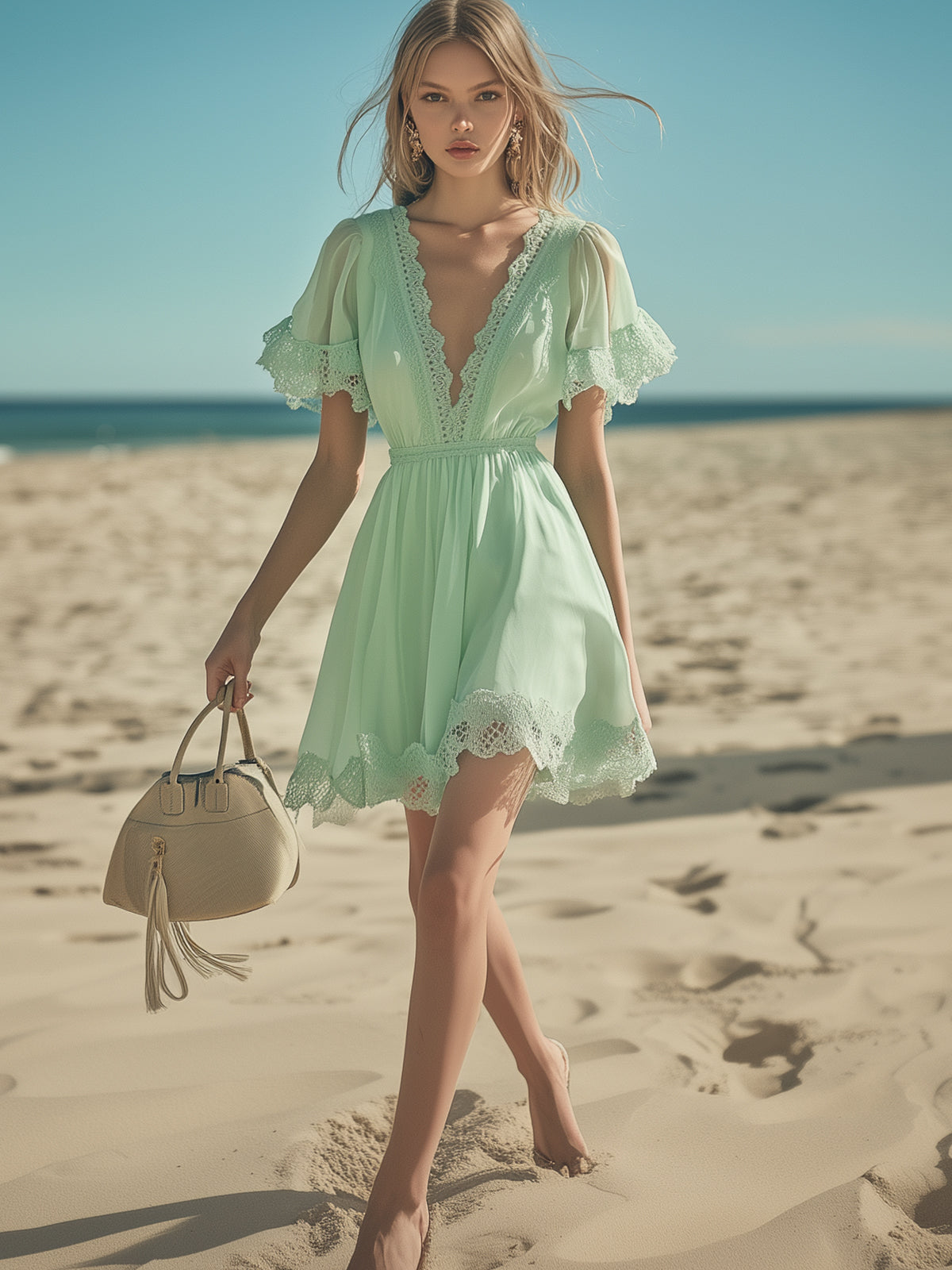 Lightweight Lace Patchwork V-Neck Chiffon Mini Dress