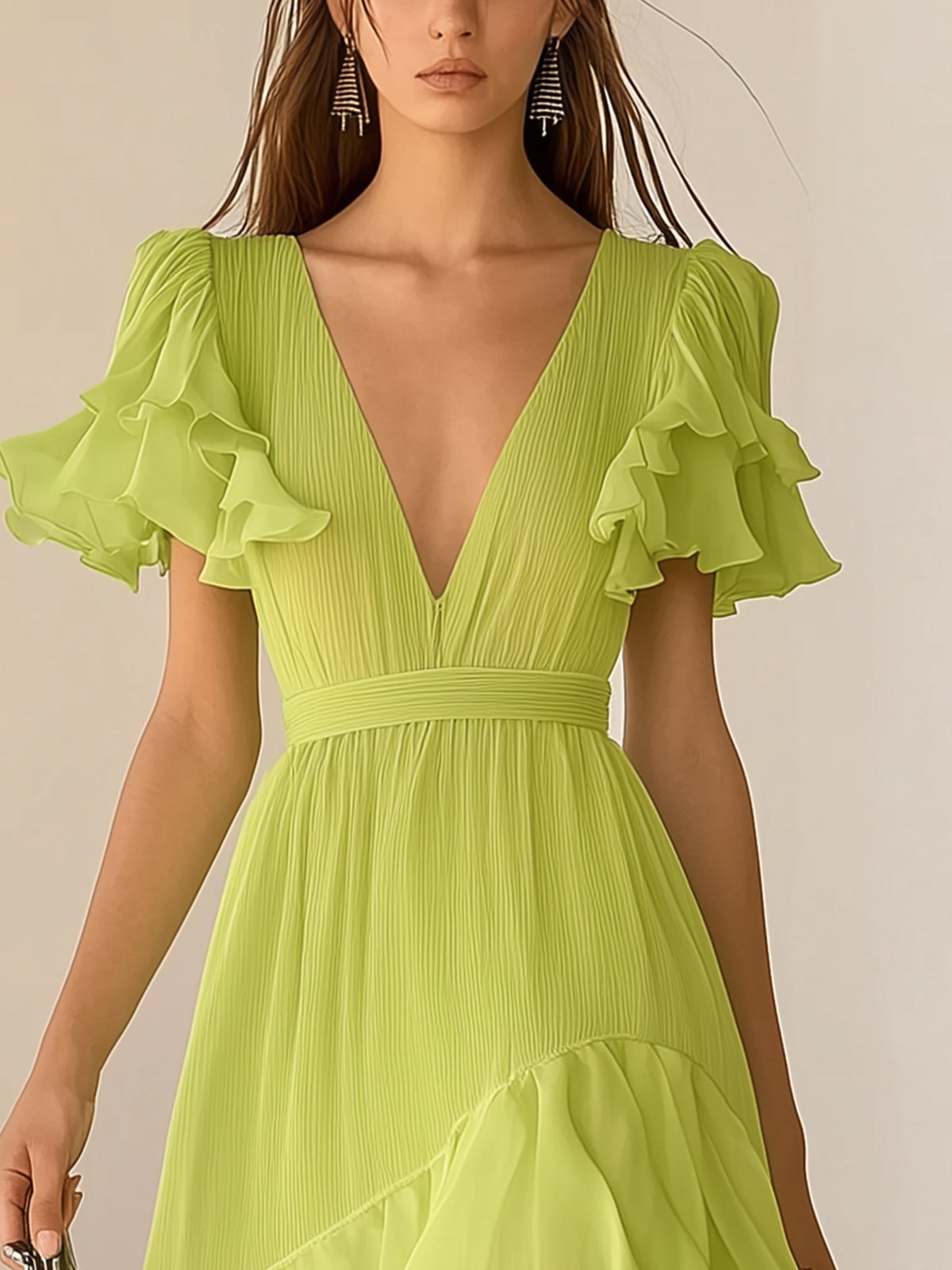 Lemon Green Pleated Chiffon Asymmetrical Hem Dress