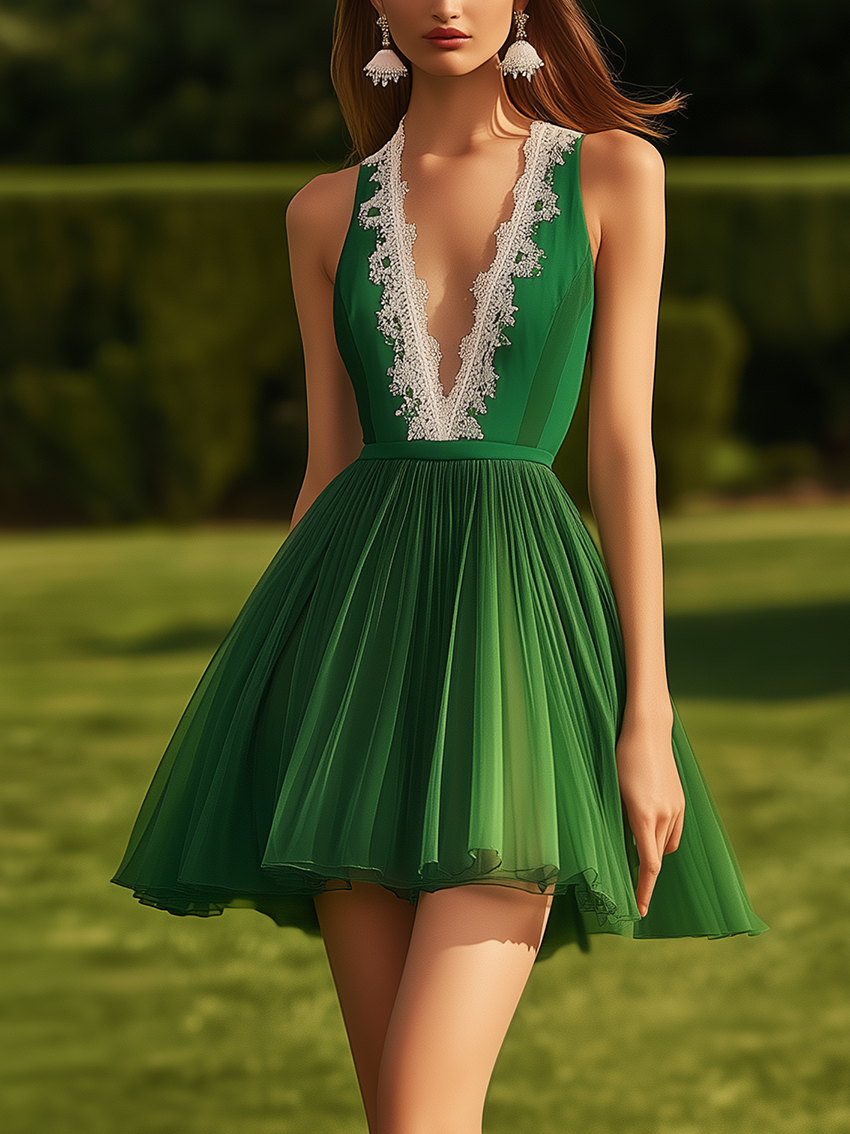 Green Chiffon Sleeveless Mini Dress With Lace Neckline