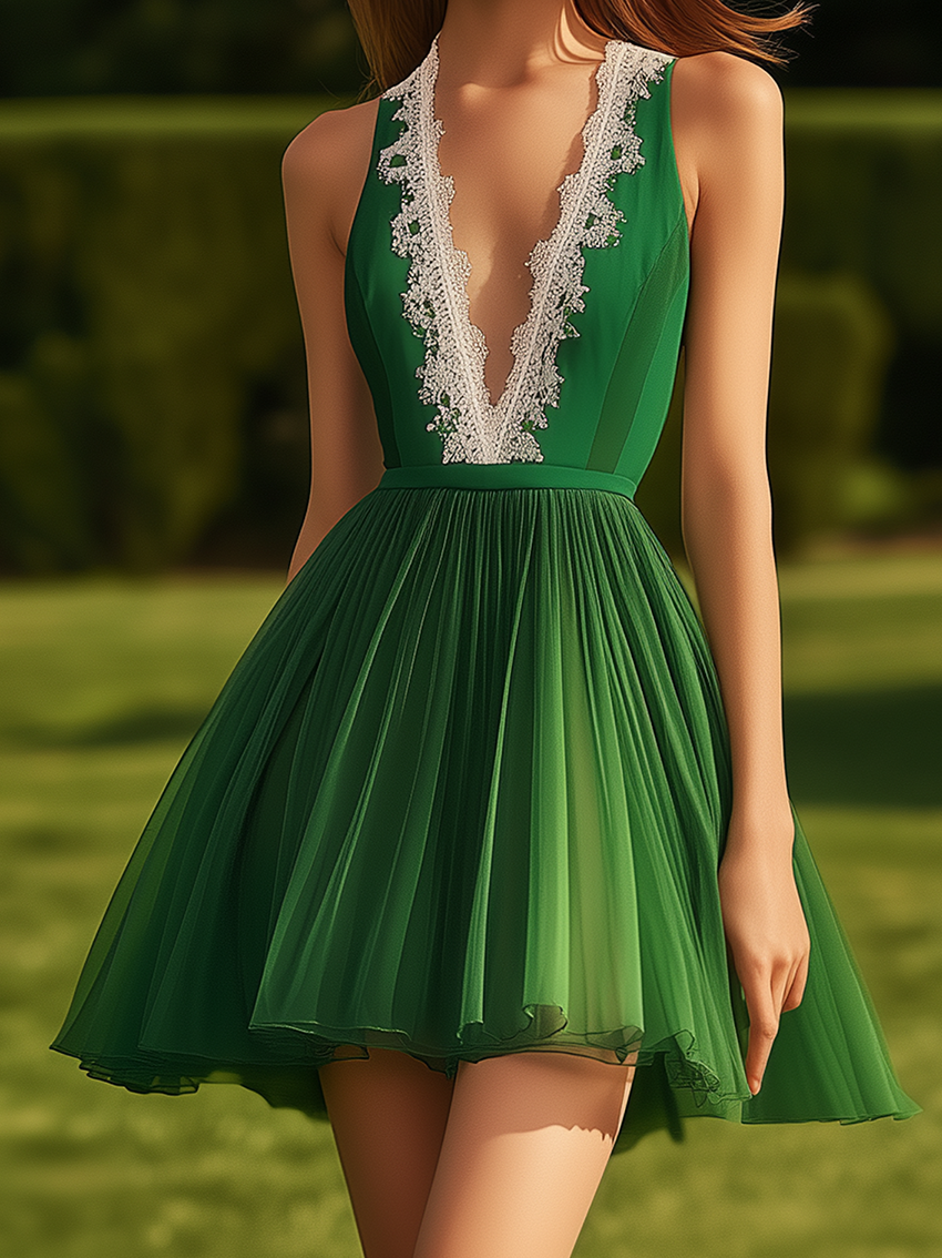 Green Chiffon Sleeveless Mini Dress With Lace Neckline