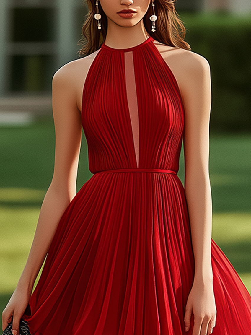 Sleeveless Red Chiffon Mini Dress With Irregular Hem