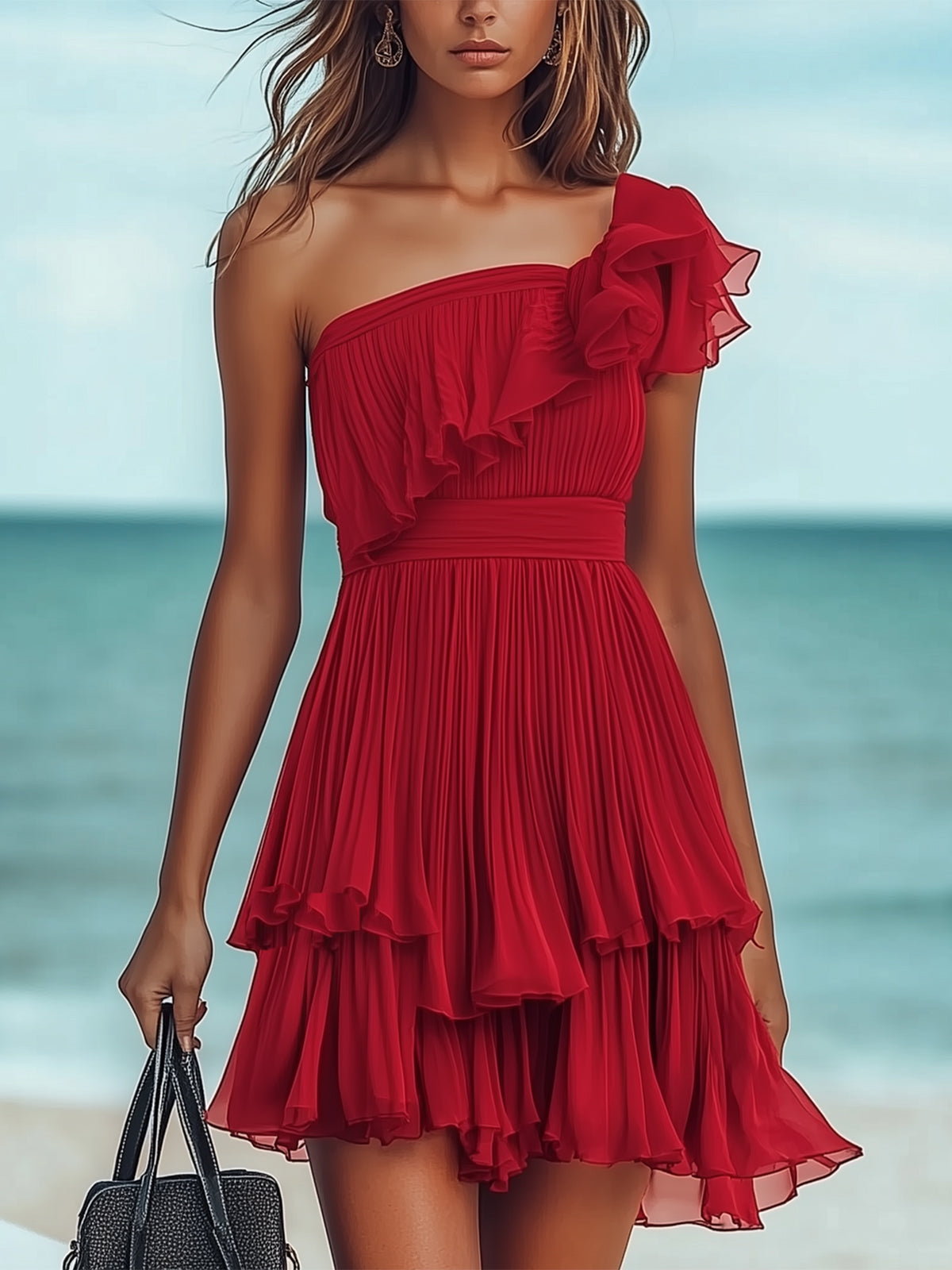 Fashion One Shoulder Ruffle Pleated Chiffon Dress