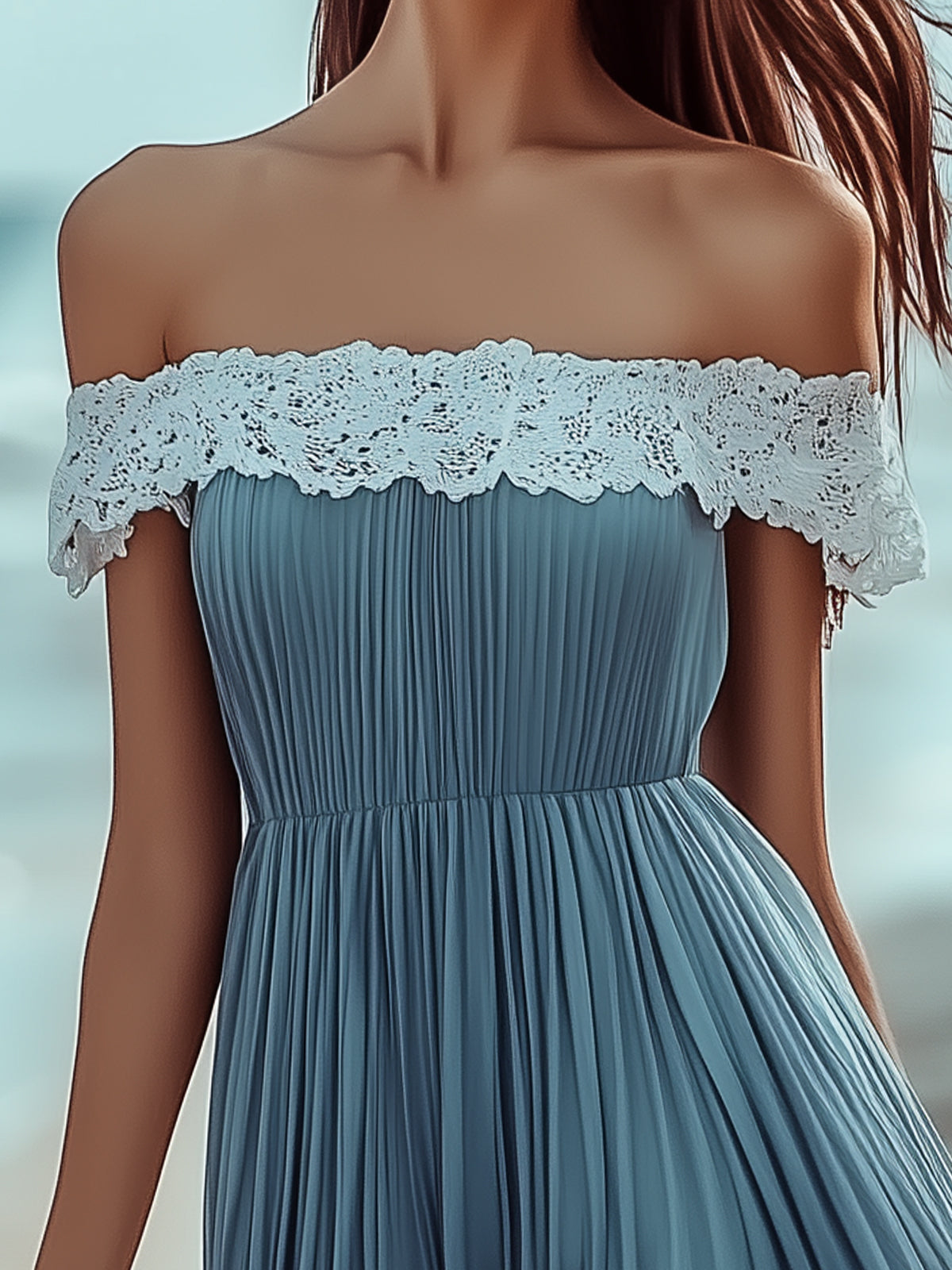 Lace Off Shoulder Pleated Chiffon Mini Dress