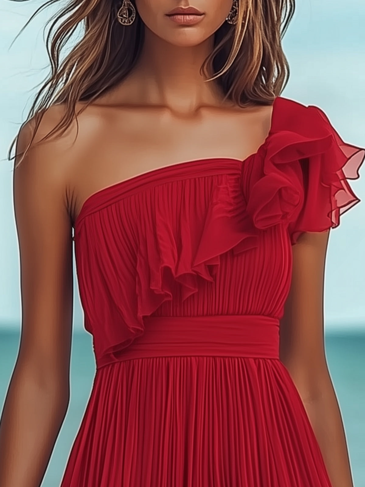 Fashion One Shoulder Ruffle Pleated Chiffon Dress