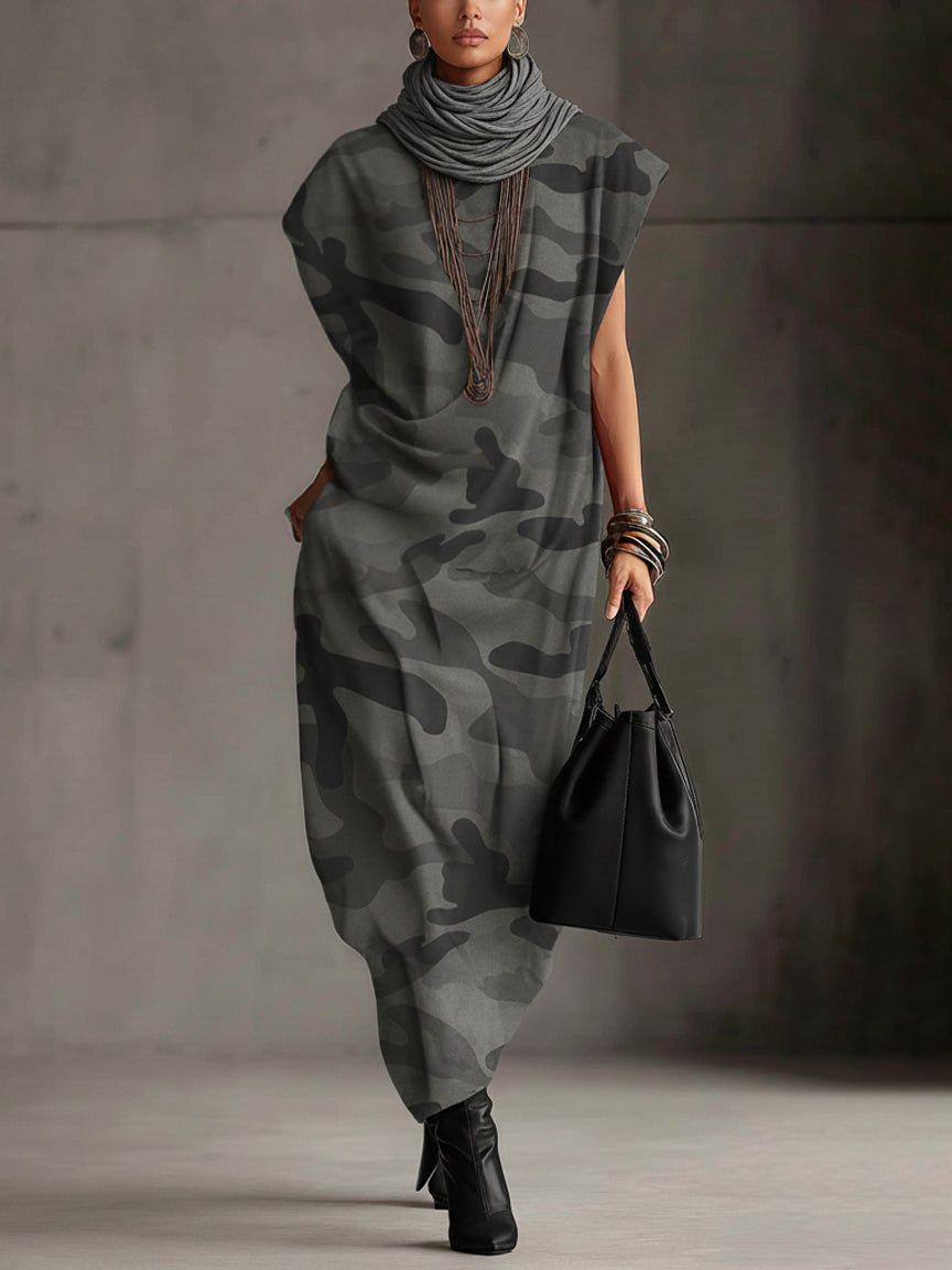 Gray Camo Suede Like Sleeveless Turtleneck Maxi Dress