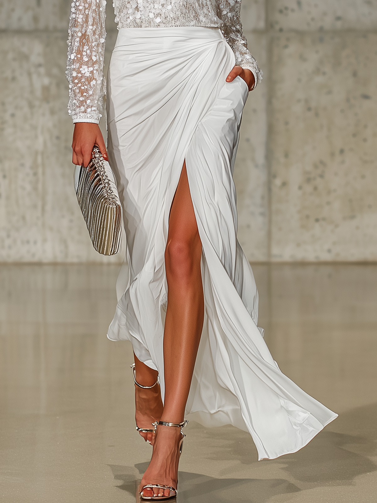 White Sequined Chiffon Long Sleeve Blouse And Draped Maxi Skirt Set