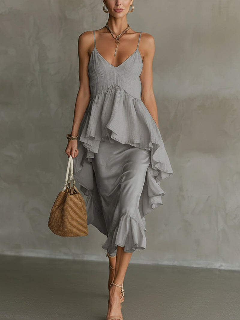 Gray Layered Ruffled Asymmetrical Spaghetti Strap Cotton And Linen Shirt And Satin Skirt Set