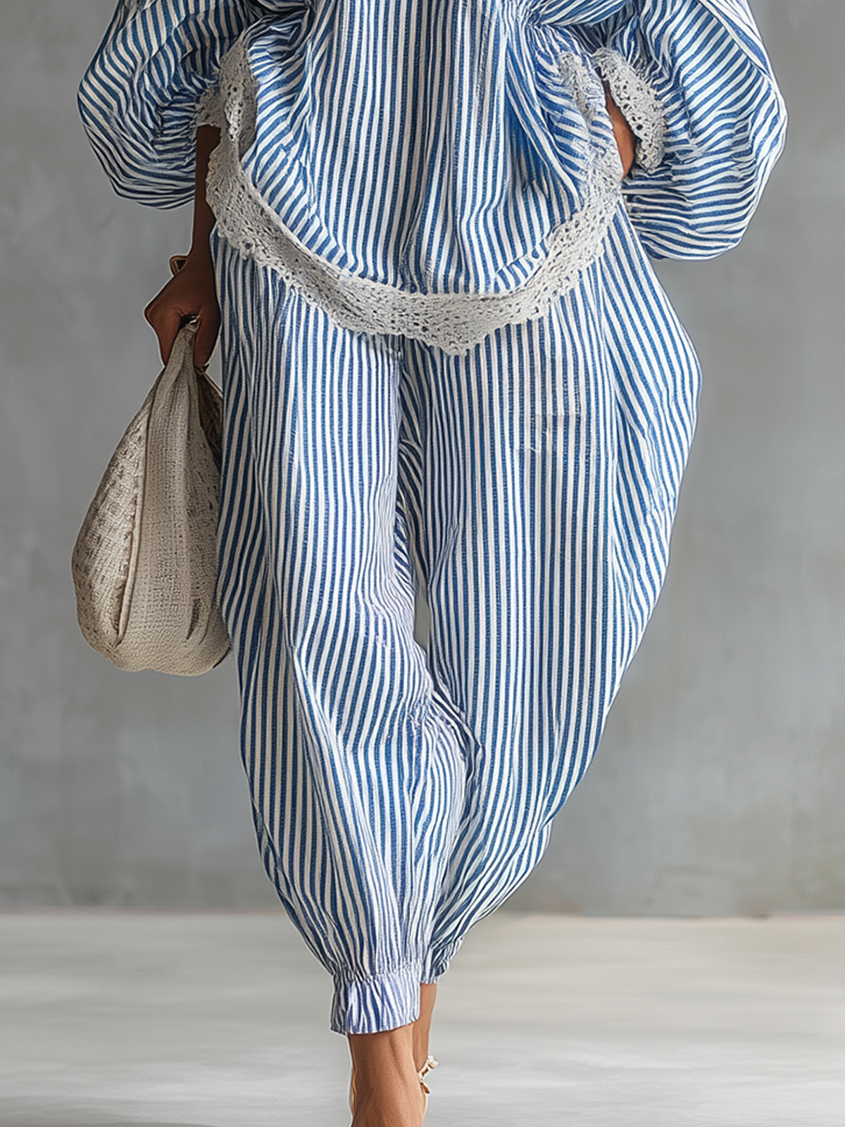 Blue Striped Lace-Trimmed Cotton Relaxed Two-Piece Set