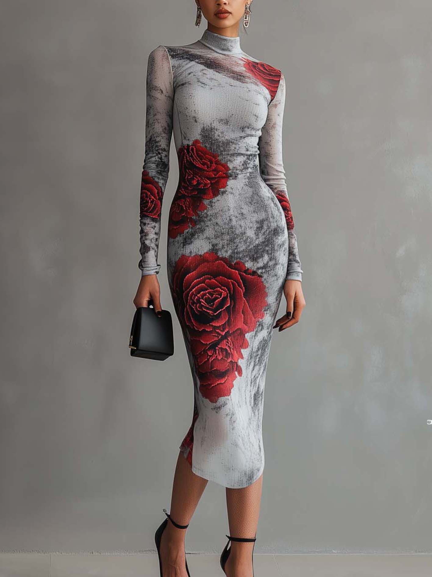 Light Gray Stretch-knit Bodycon Dress With Gradient Roses