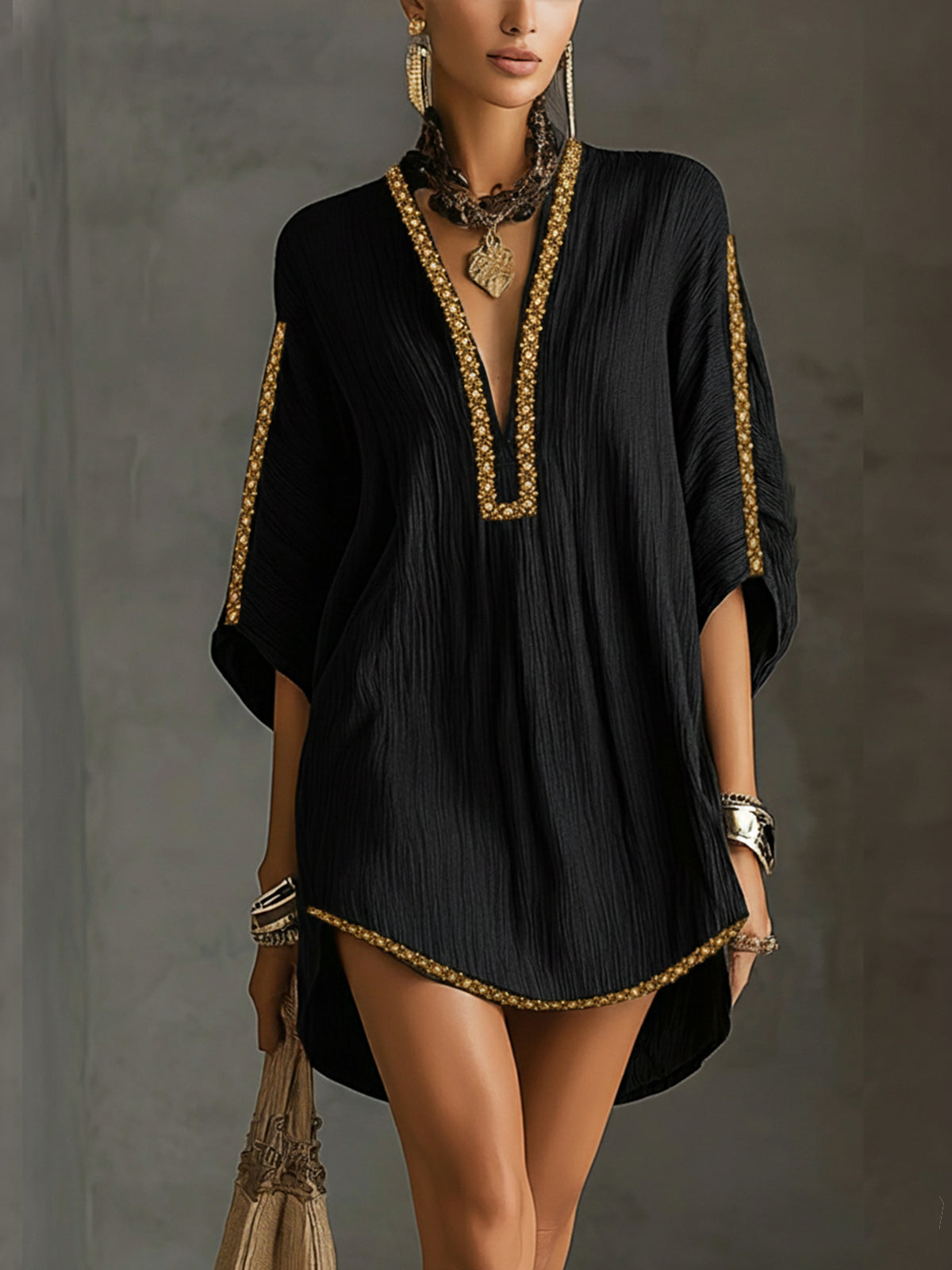 Black Deep V-Neck Mini Dress