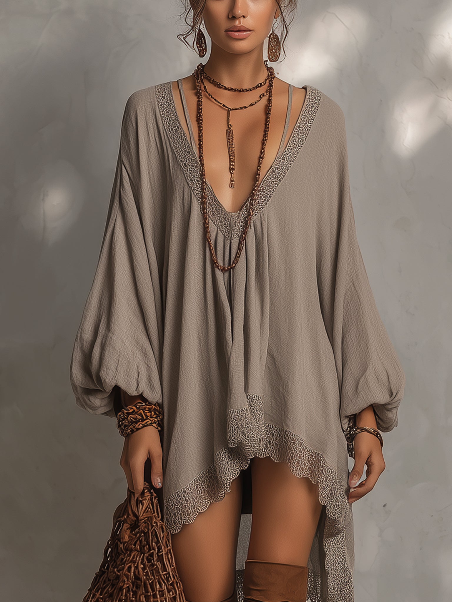 Taupe Cotton Linen Lace Trim Mini Dress