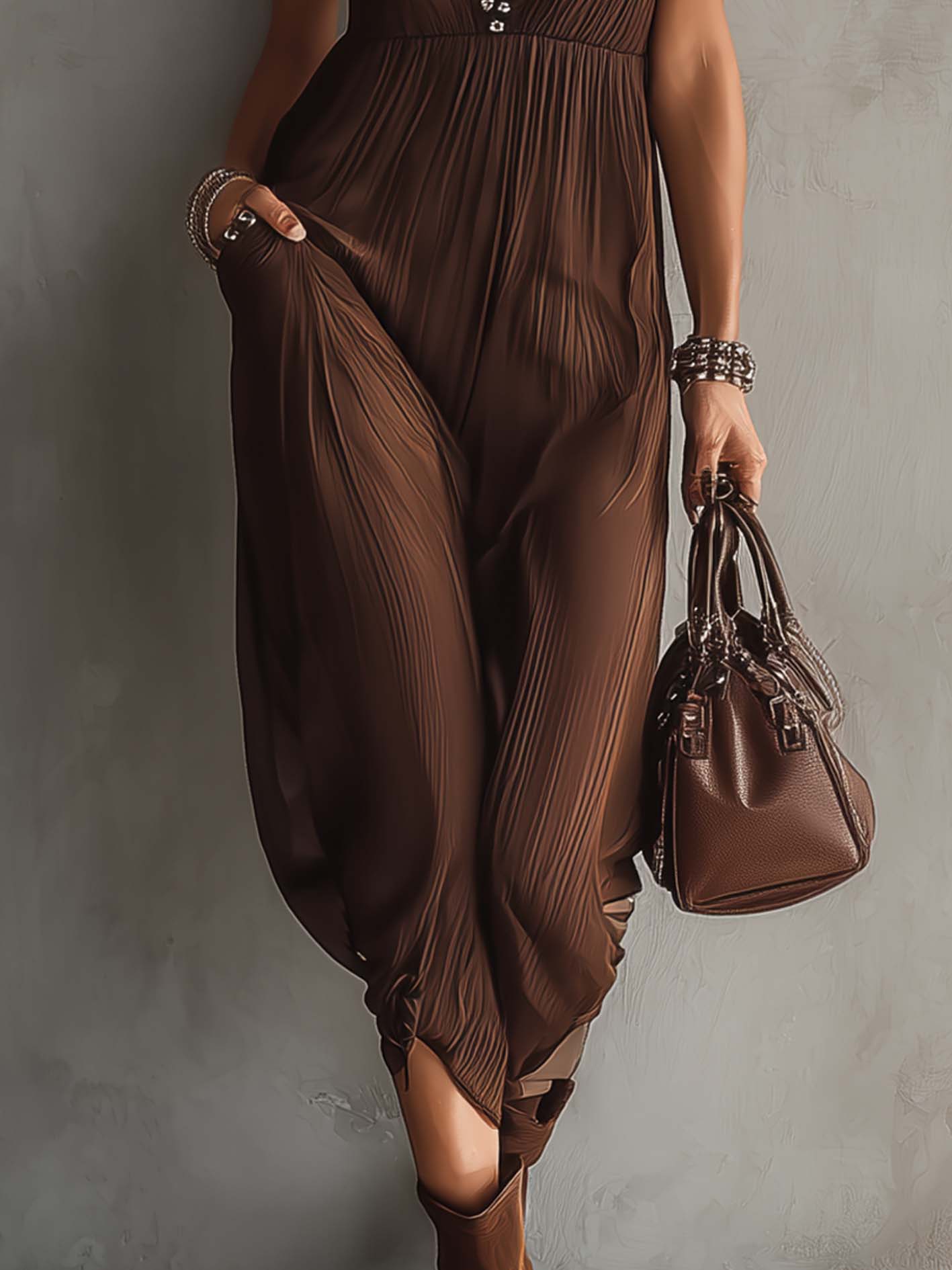 Brown Chiffon Sleeveless V-Neck Midi Dress With Silver Button Detailing