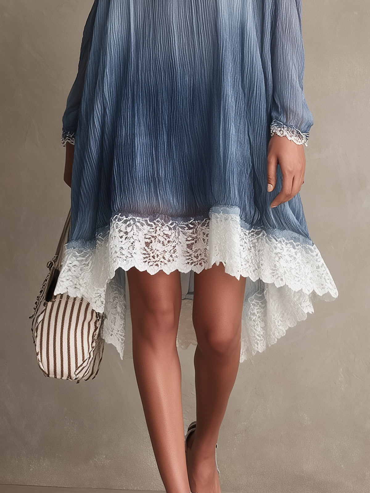 Blue Gradient Pleated Chiffon Lace Hem Cold Shoulder Mini Dress