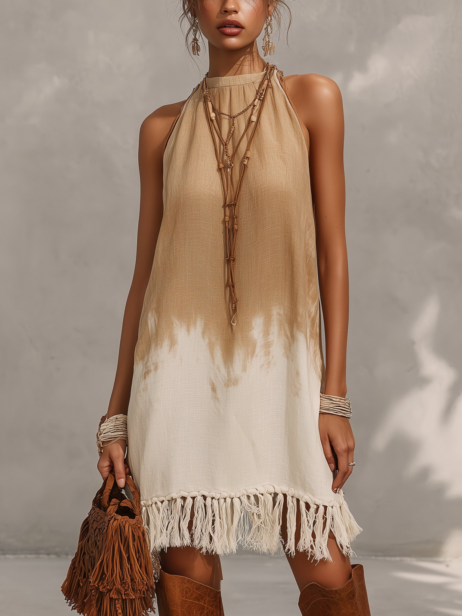 Beige Gradient Linen-Blend Tassel Mini Dress