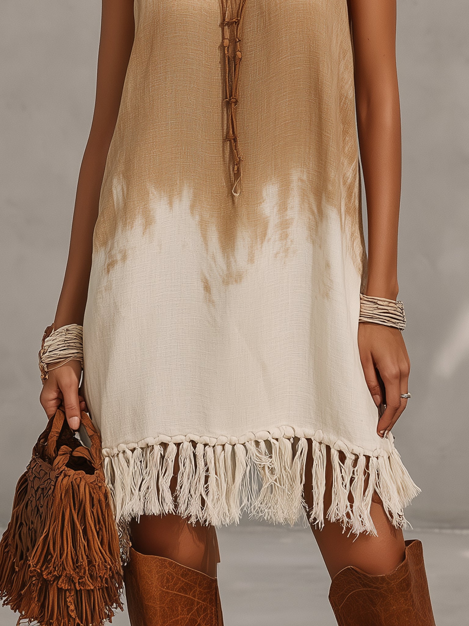Beige Gradient Linen-Blend Tassel Mini Dress