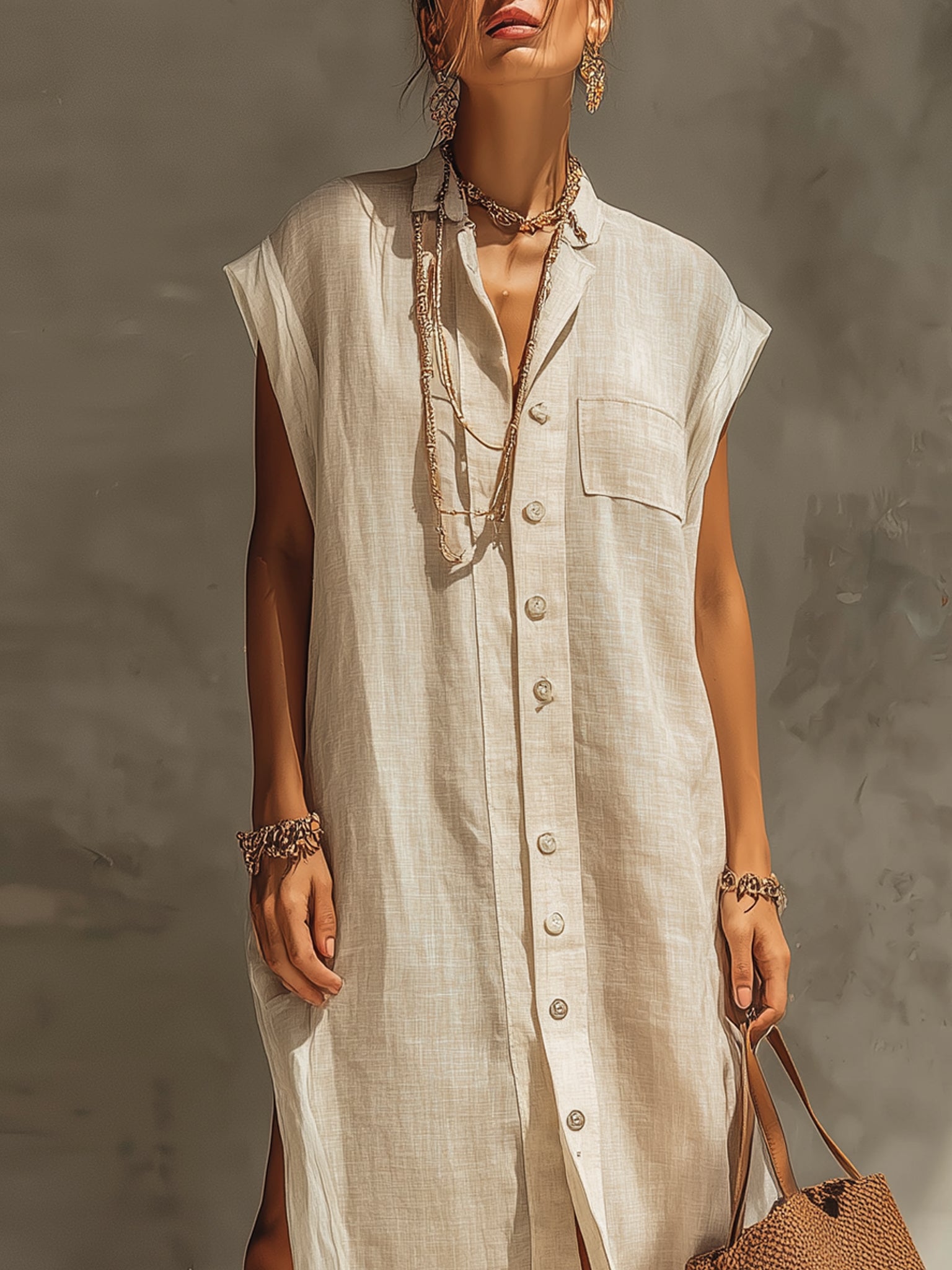 Beige Sleeveless Linen Maxi Dress With Slits