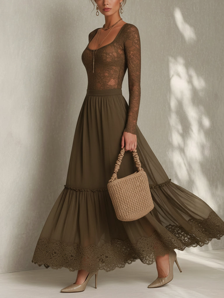 Green Lace Stretch Top And Chiffon Maxi Skirt Set