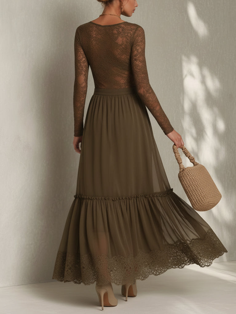 Green Lace Stretch Top And Chiffon Maxi Skirt Set