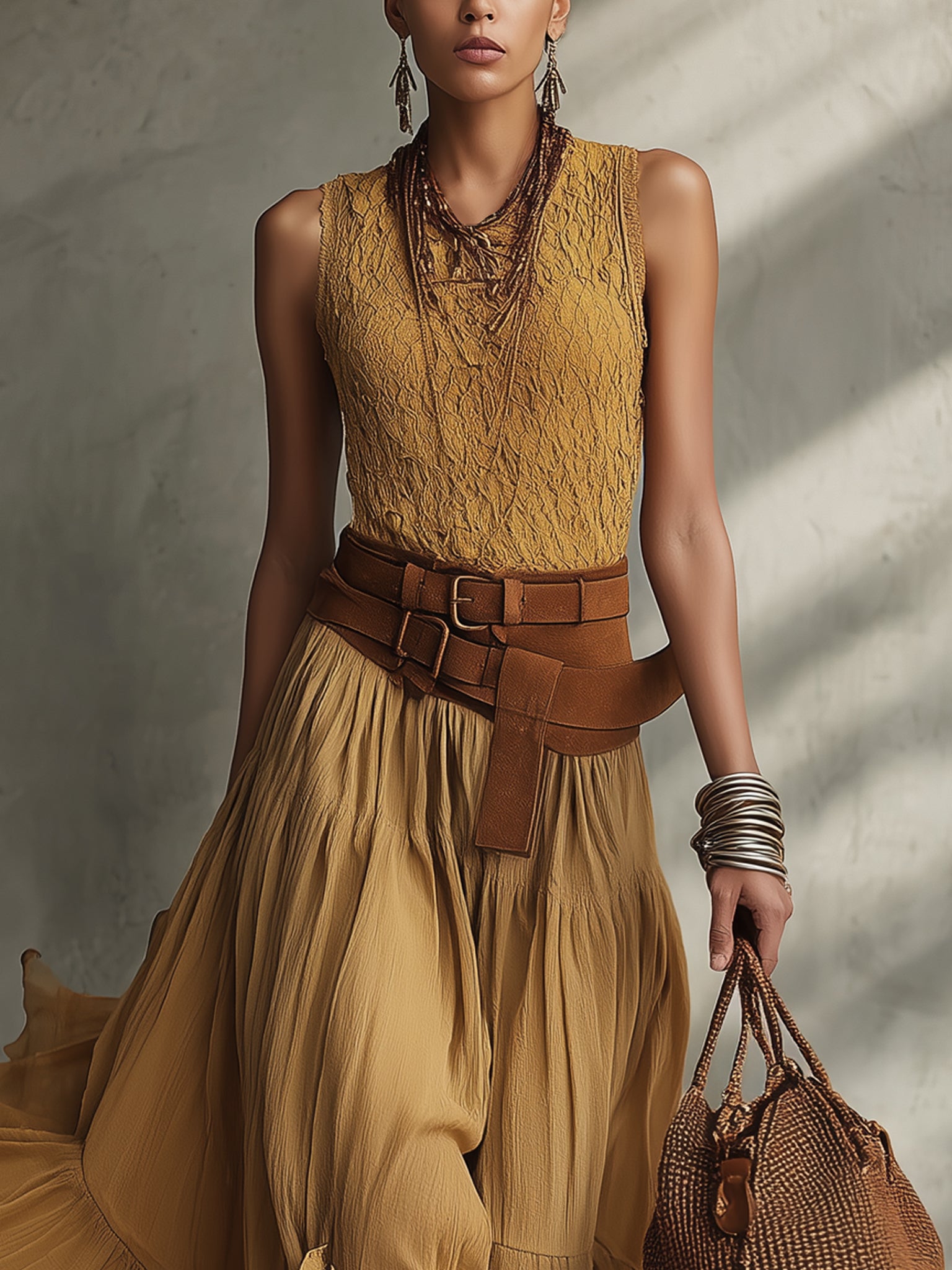 Yellow Knit And Chiffon Sleeveless Maxi Dress Belt Not Included