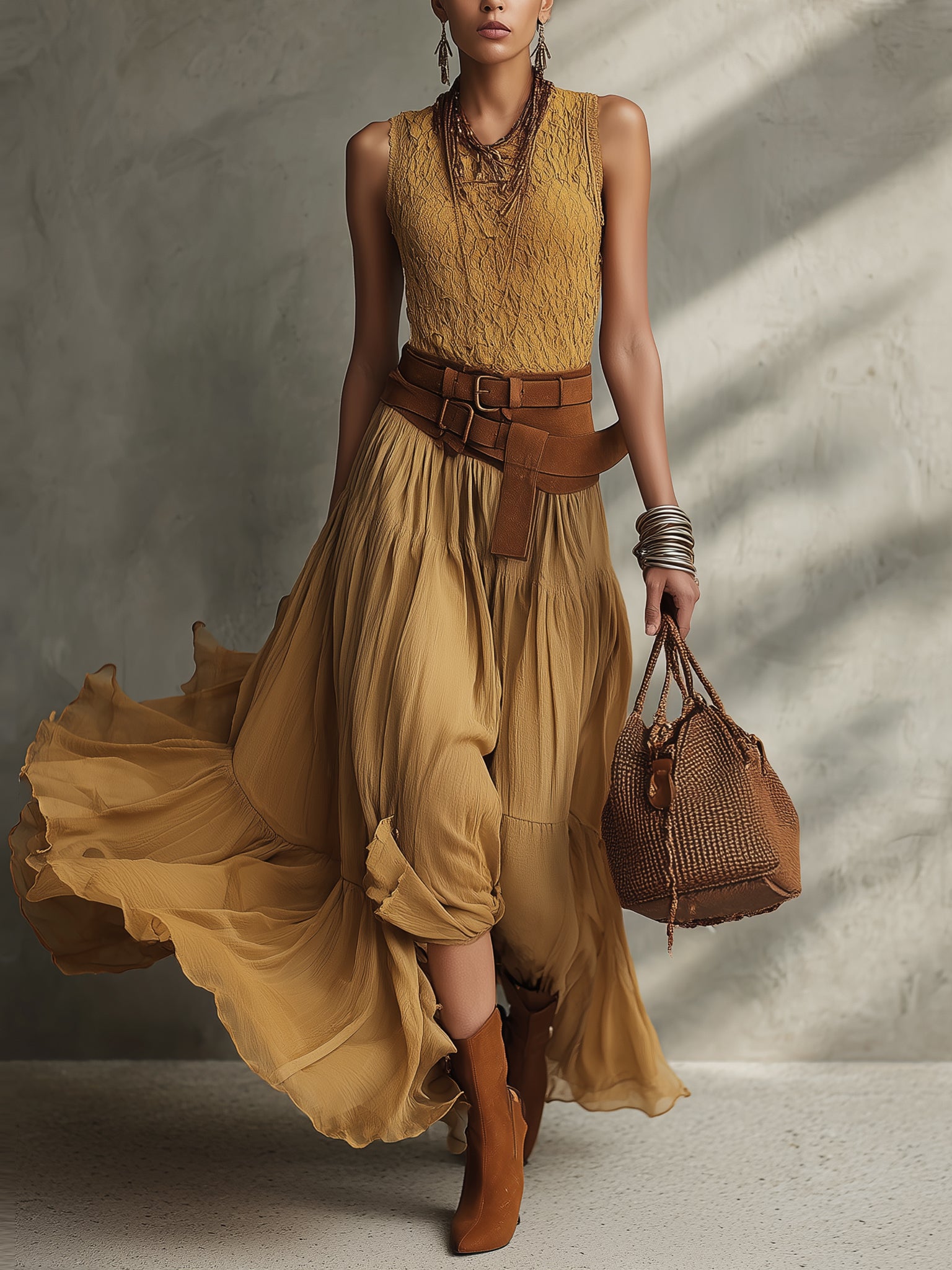 Yellow Knit And Chiffon Sleeveless Maxi Dress Belt Not Included