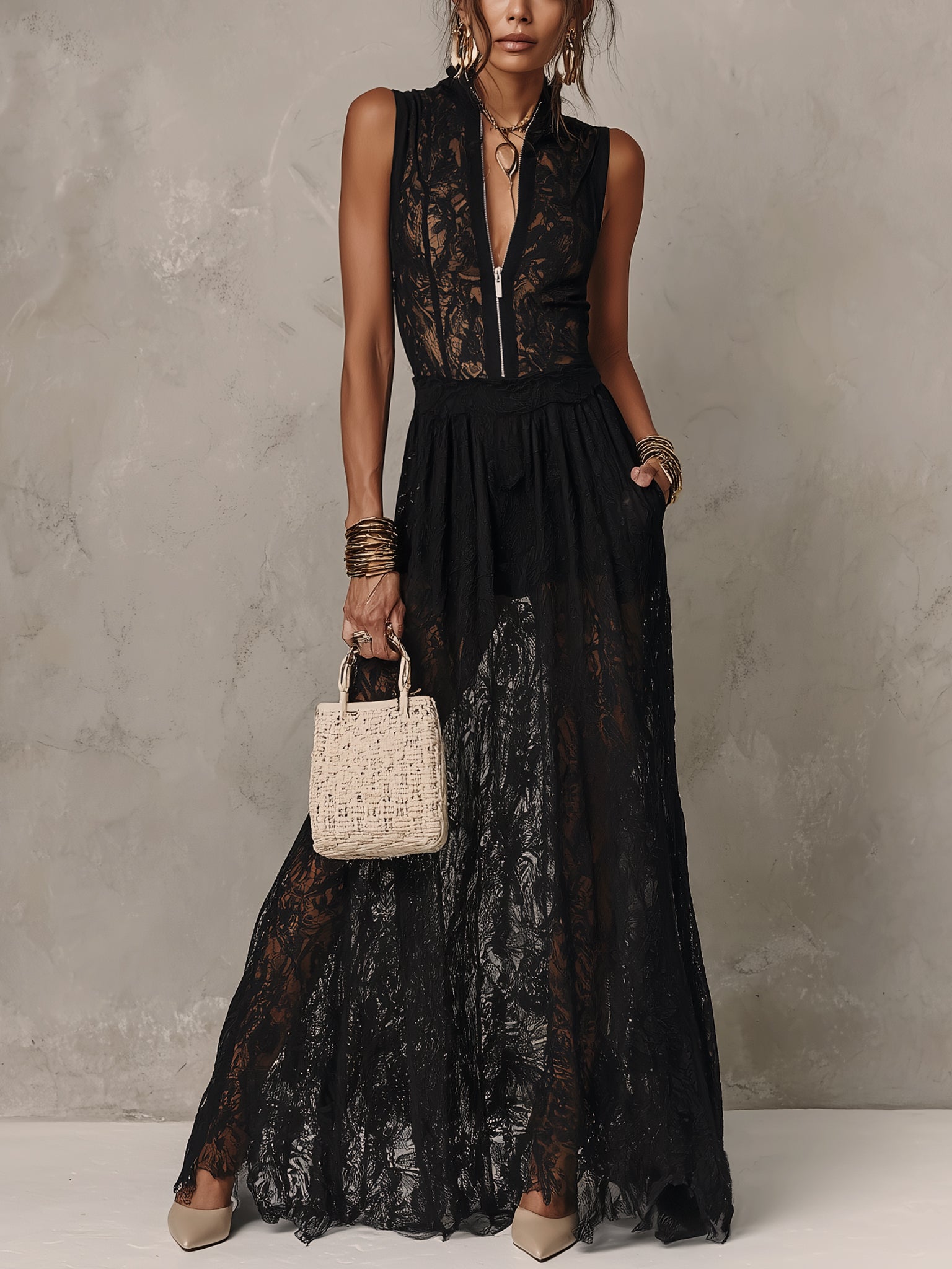 Black Sleeveless Lace Maxi Dress With Zipper