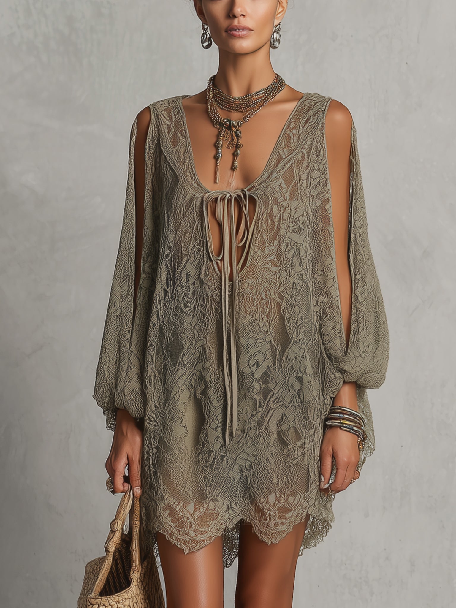 Green Off Shoulder Lace Tie Front Mini Dress