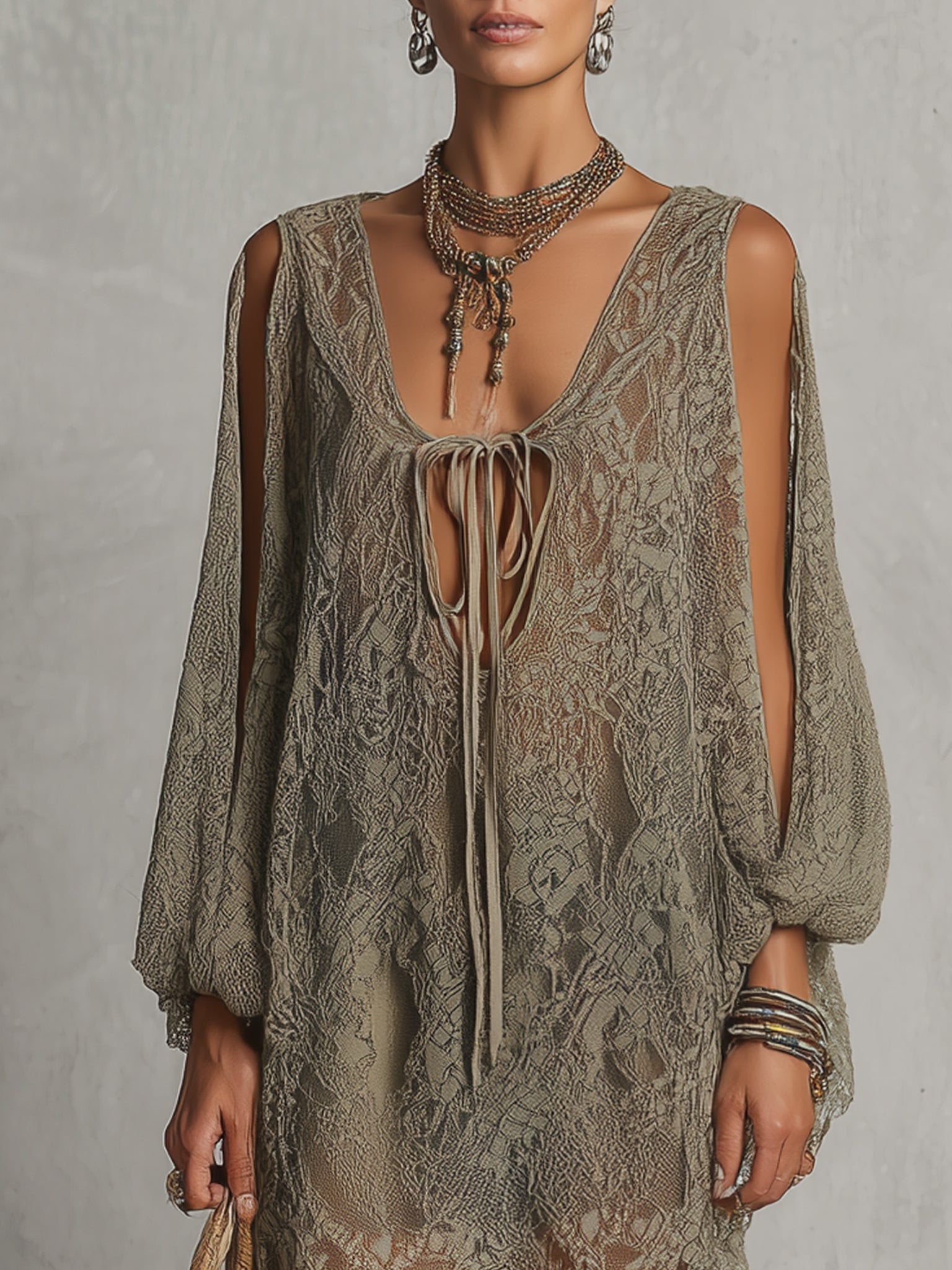 Green Off Shoulder Lace Tie Front Mini Dress