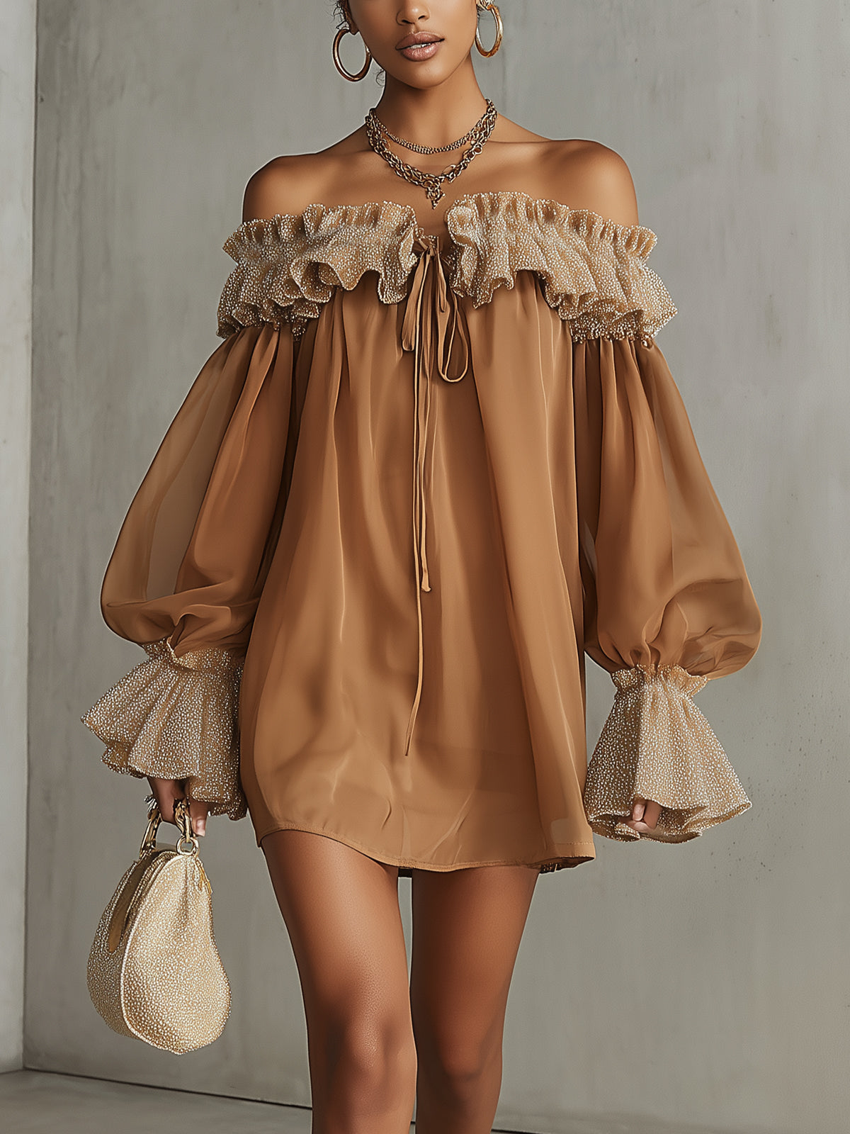 Brown Off-Shoulder Ruffle Chiffon Lantern Sleeve Mini Dress