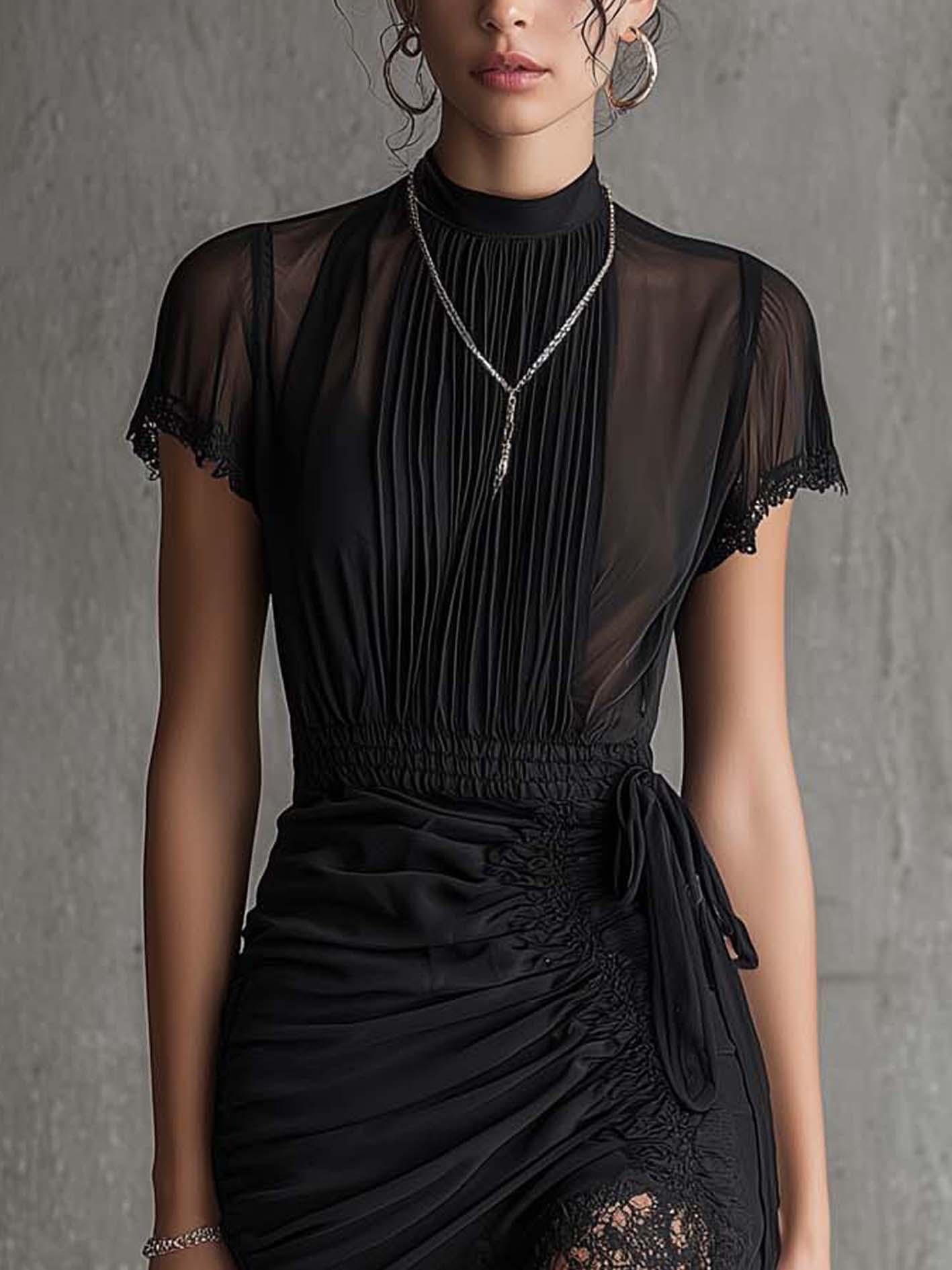 Black Chiffon Pleated Mini Dress With Lace Hem And Ruched Waist Design