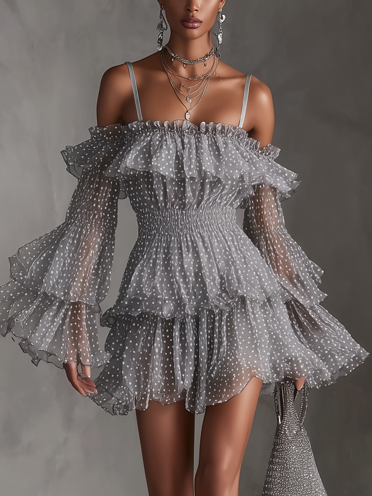 Gray Polka Dot Chiffon Off-Shoulder Ruffle Mini Dress
