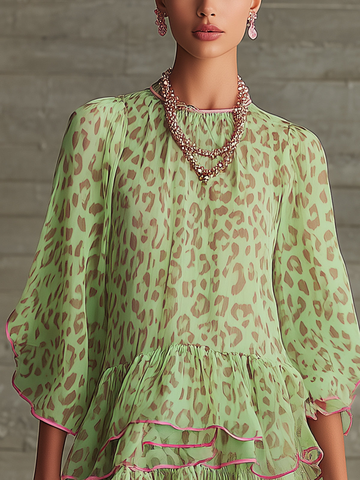 Green Leopard Print Chiffon Tiered Ruffle Mini Dress