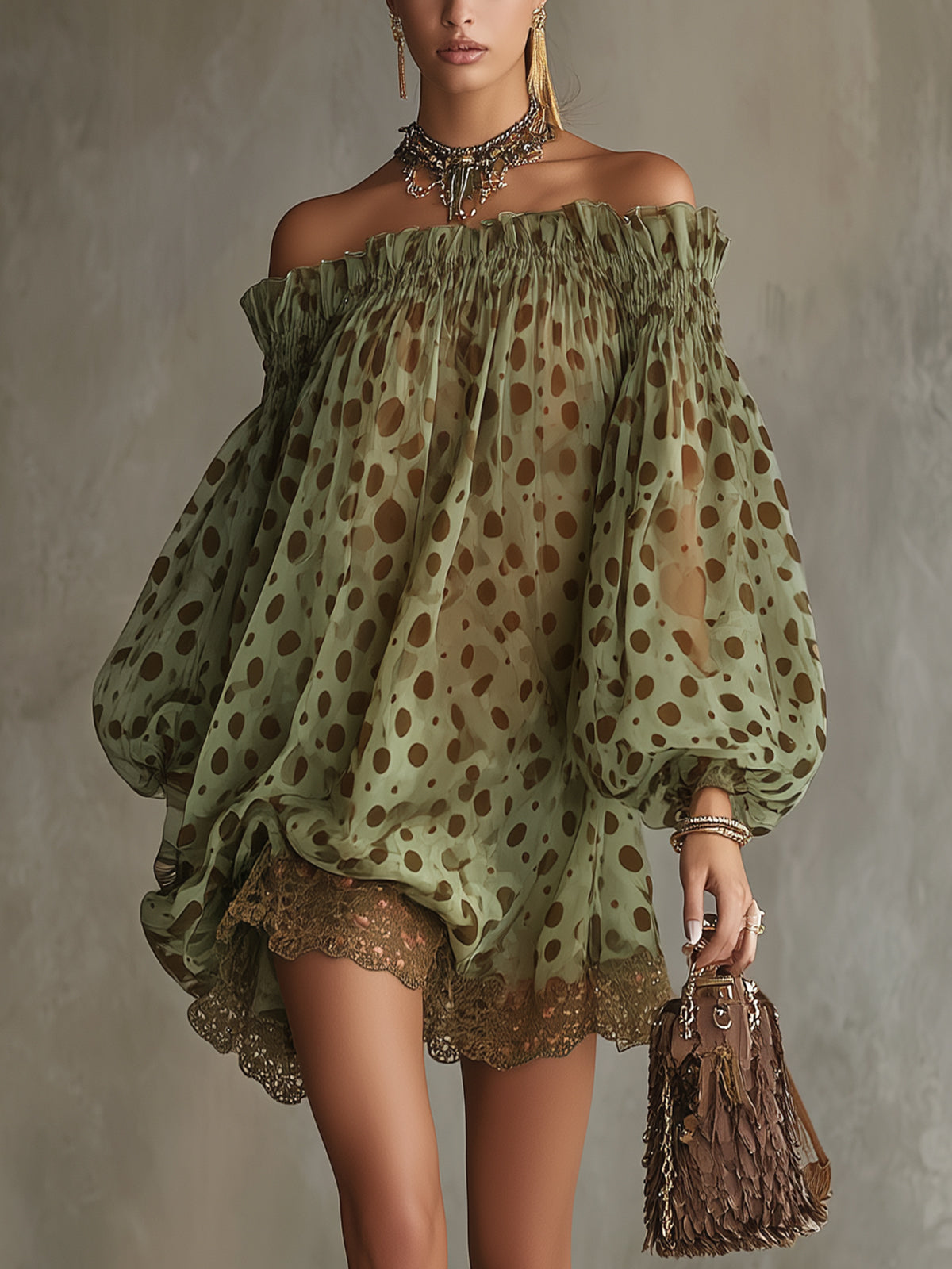 Olive Polka Dot Off-Shoulder Sheer Balloon-Sleeve Lace Hem Mini Dress