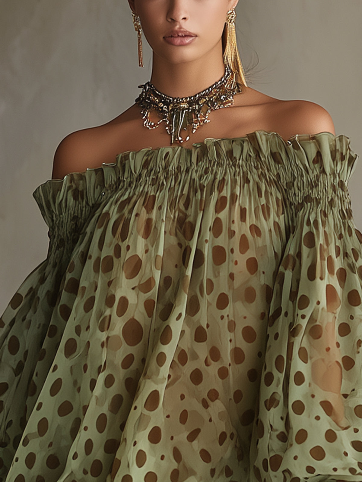 Olive Polka Dot Off-Shoulder Sheer Balloon-Sleeve Lace Hem Mini Dress