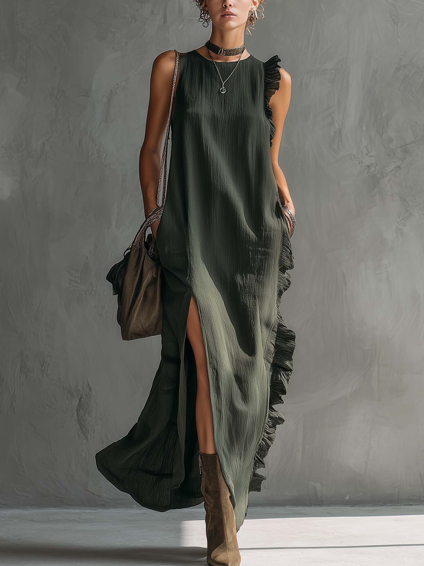 Dark Green Cotton Linen Sleeveless Ruffled Splice Maxi Dress With Side Slit